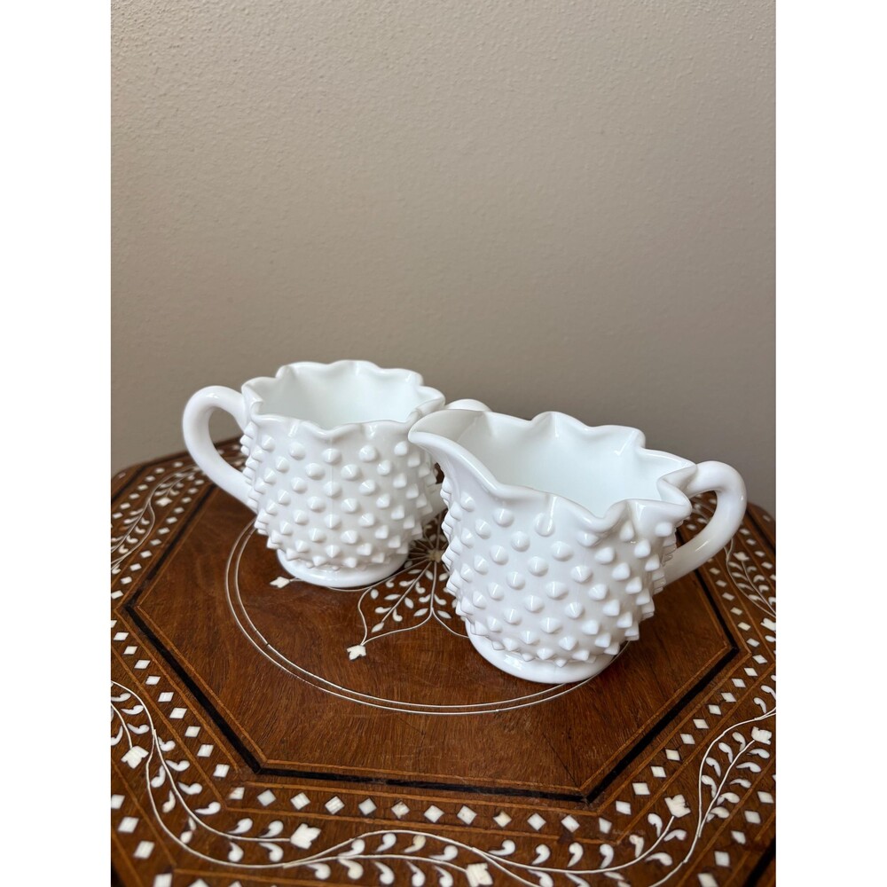 Vintage Fenton Hobnail White Milk Glass Sugar & Creamer Set Star Pattern